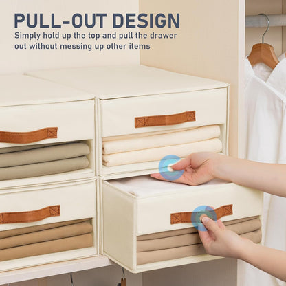 DIMJ Closet Organizers and Storage - Fabric Bins with Drawers for Closet Foldable Clothes Organizers with Clear Window, Stackable Storage Drawers Units for Bedroom, Living Room, 4-Pack, Grey