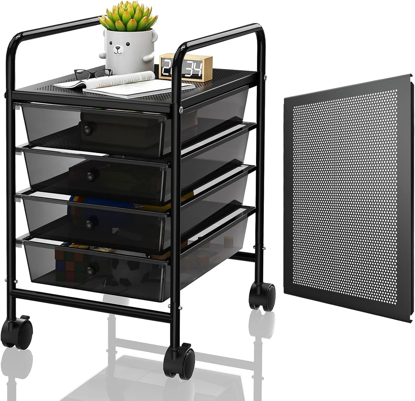 4-Tier Utility Cart with 4 Drawers, Rolling Utility Cart with 2 Lockable Caster Wheels, Multipurpose Mobile Rolling Drawer Cart for Office Bathroom Kitchen, Ivory White