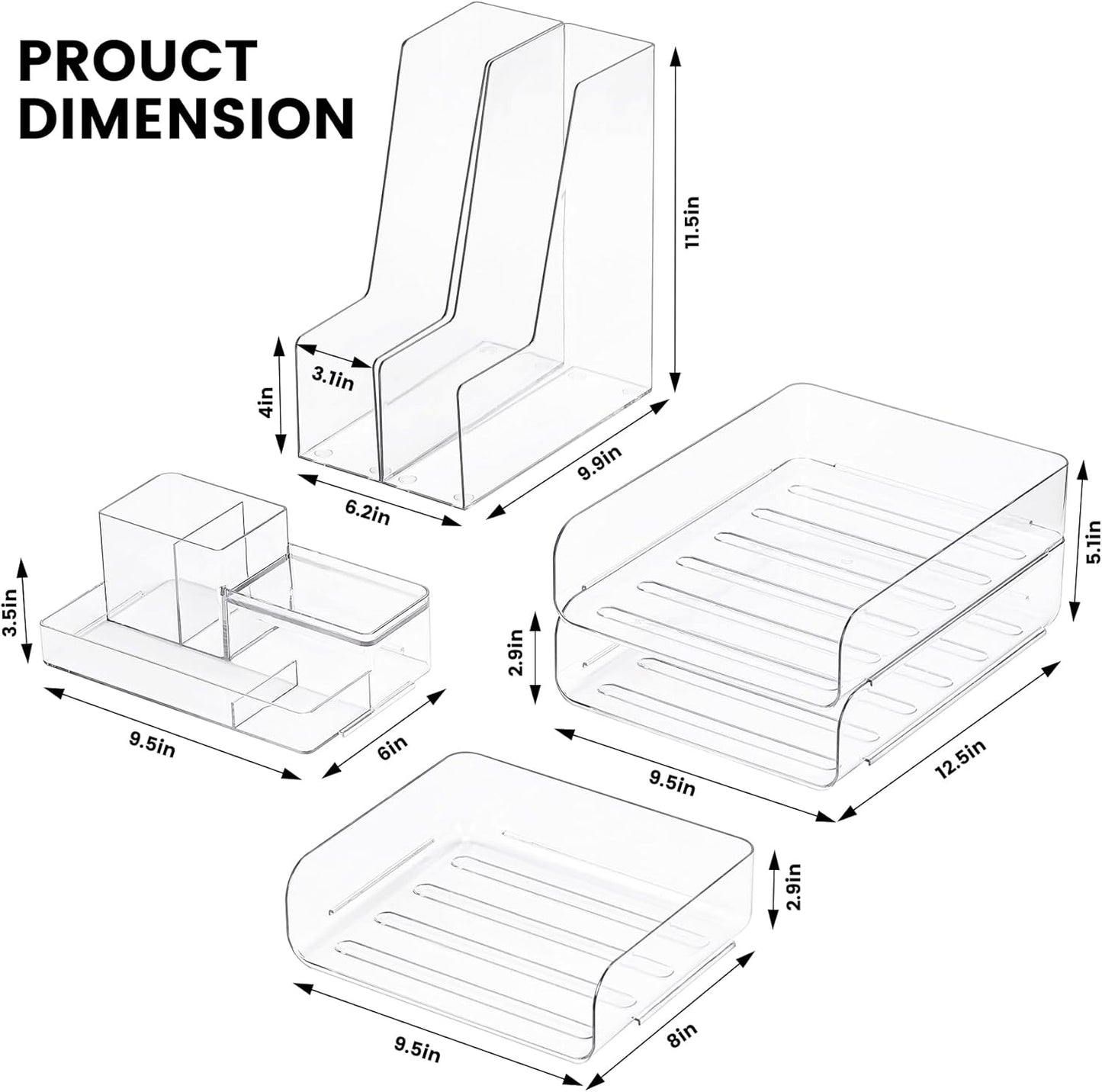 CiWiVOKi Desk Organizer with 2 Vertical File Holder, 4 Tier Stackable Paper Letter Tray File Organizer with 5-Compartments Pen Holder, Clear Desktop Organizer Office Organization and Storage
