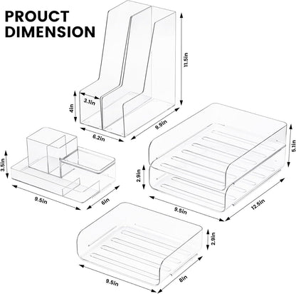 CiWiVOKi Desk Organizer with 2 Vertical File Holder, 4 Tier Stackable Paper Letter Tray File Organizer with 5-Compartments Pen Holder, Clear Desktop Organizer Office Organization and Storage