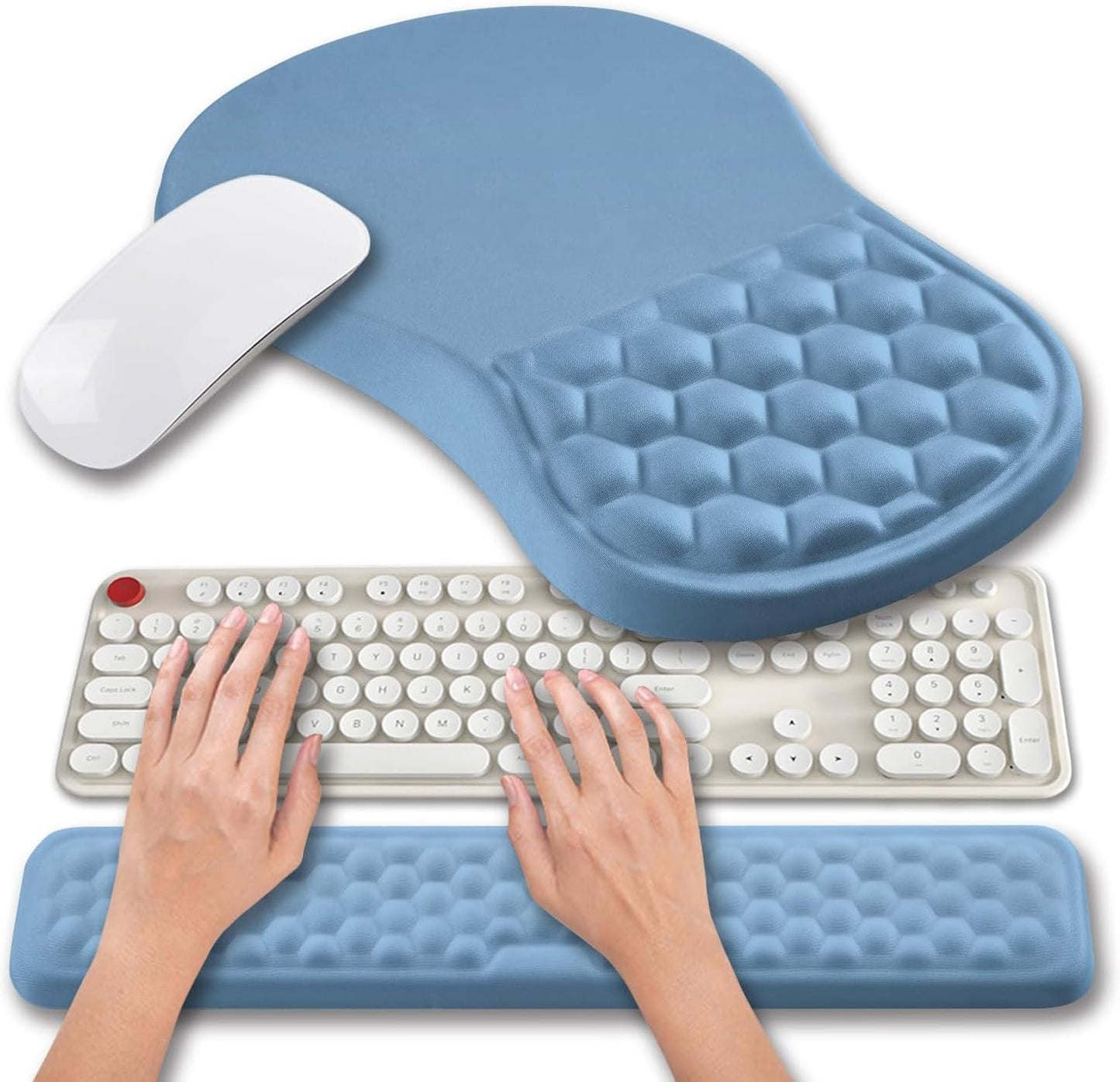 Hokafenle 2 in 1 Ergonomic Mouse Pad Wrist Support & Wrist Rest for Computer Keyboard Set, with Relieve Carpal Tunnel Pain Massage Bulge and Full Memory Gel Design (2In1 Set, Light Green)