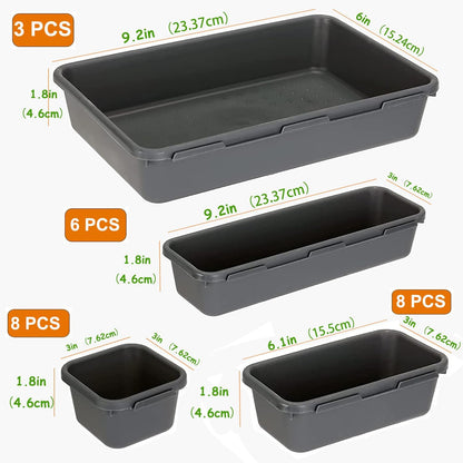 Kutesna 15 Piece Drawer Organizer Set, 3 Size Interlocking Plastic Storage Bins for Office Supplies, Jewelry Makeup Vanity, Bathroom Kitchen, Home Organization Closet, Gadgets Small Items, Black