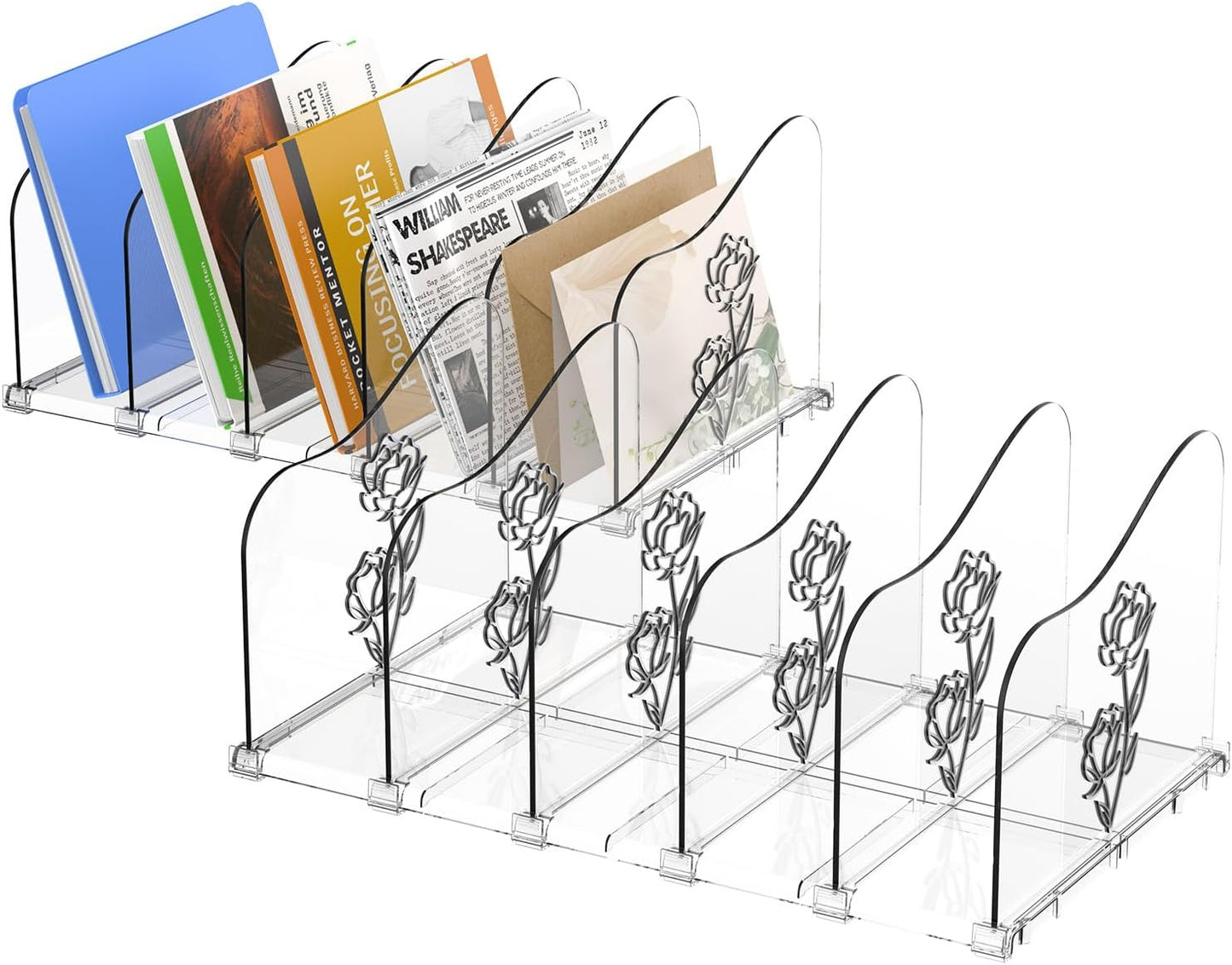 Adjustable Rose File Organizer for Desk, Vertical File Folder Holders for Magazines, Upright Desktop Binder Organizer, Clear Paper Bookshelf Divider File Sorter for School Office Supplies