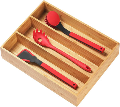 Umilife Bamboo Kitchen Drawer Organizer, 13 Inch Silverware Utensil Tray Holder, Extra Deep Grooved Drawer Divider, 7 Slots Total Bamboo Wood Caddy for Flatware Cutlery Knives, Forks, Spoons