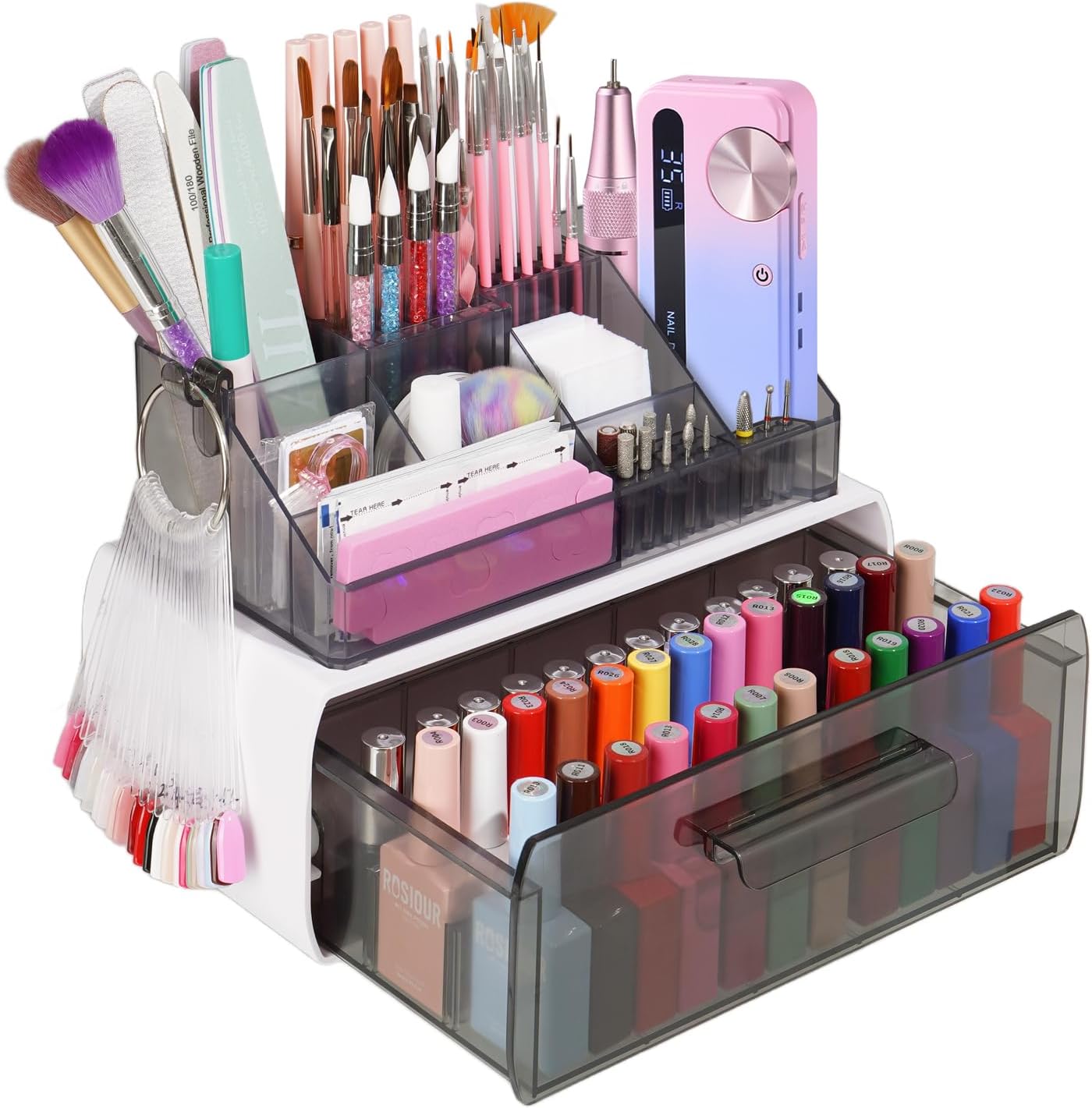 Wilfniee Nail Tech Desk Organizer Case: 2 Layers Nail Tech Organizers with Nail Polish Storage Drawer- 53 Holes Nail Drill Bits & Nail Brushes Pens Holder for Manicure Nail Supplies (Clear)
