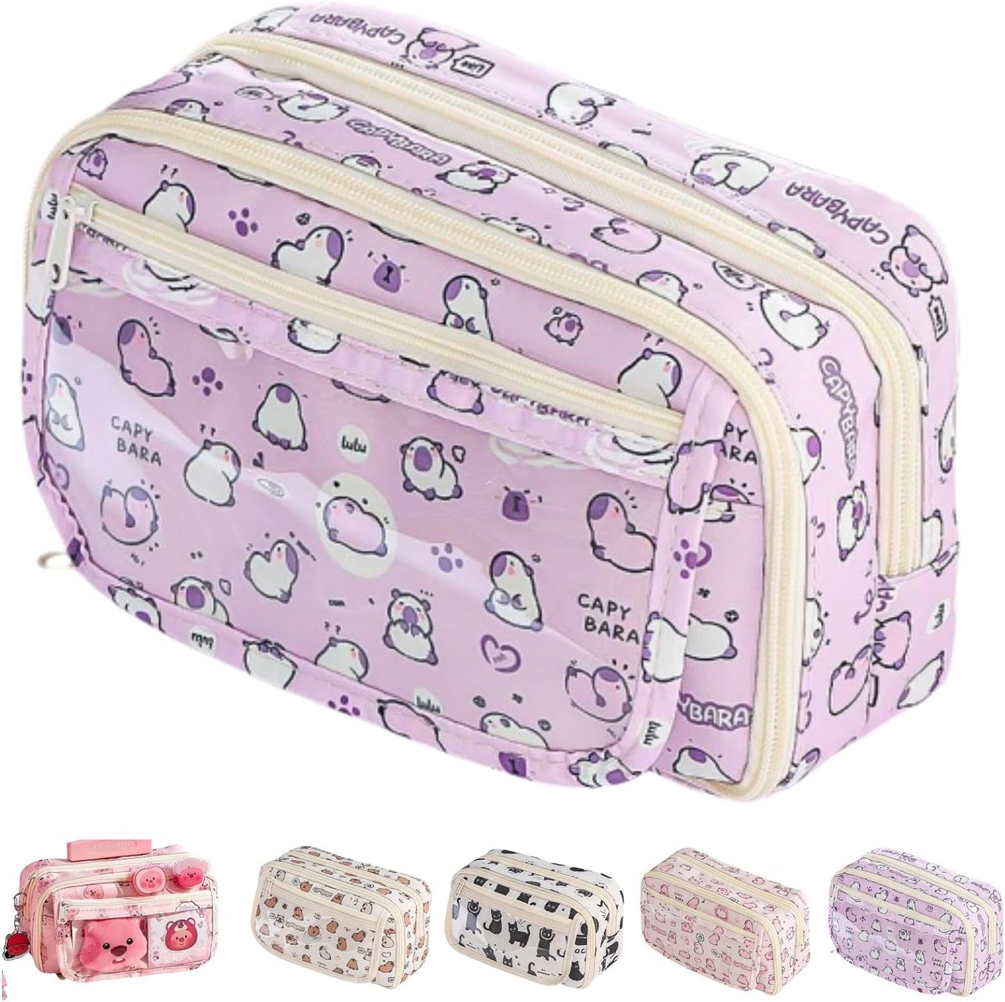 Cute Kawaii Pencil Case Pouch Cartoon Pen Box Holder Organizer for Office Workspace Supplies Desk Accessories Travel Essentials Aesthetic Trendy Cool Stuff Gift Large Capacity (Pink Kapibala)