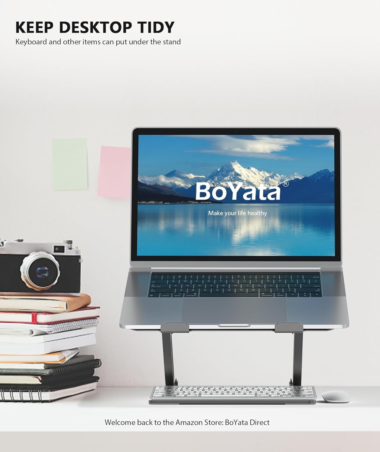 BoYata Laptop Stand, Adjustable Multi-Angle Laptop Holder, Compatible for Laptops up to 17 inches, Sturdy Aluminum & Silicone, Silver