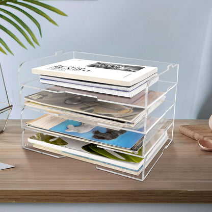 2 Pack- Stackable Paper Letter Tray,Clear Acrylic Magazine Holder and File Organizer - Sleek Desk Organizer for Home Office, Bookshelf, or Workspace - Space-Saving Transparent Document Holder