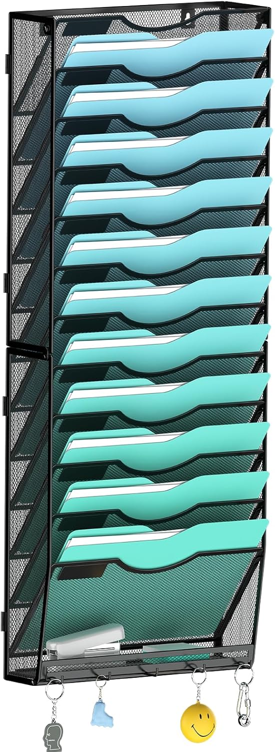 Gawerk 5 Tier Hanging Wall File Organizer, Mesh Mail Paper Orgnization Hanging File Folder Holder for Home Office, Black