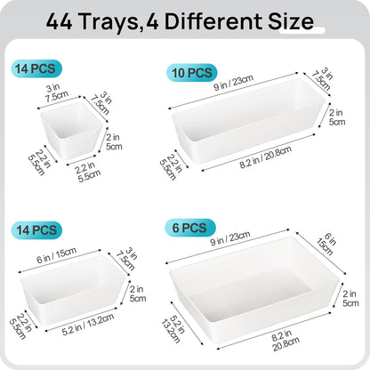 Vtopmart 44 PCS Clear Plastic Drawer Organizers Set, 4-Size Versatile Bathroom and Vanity Organizer Trays, Non-Slip Storage Containers for Makeup, Jewelries, Bedroom，Kitchen Utensils and Office