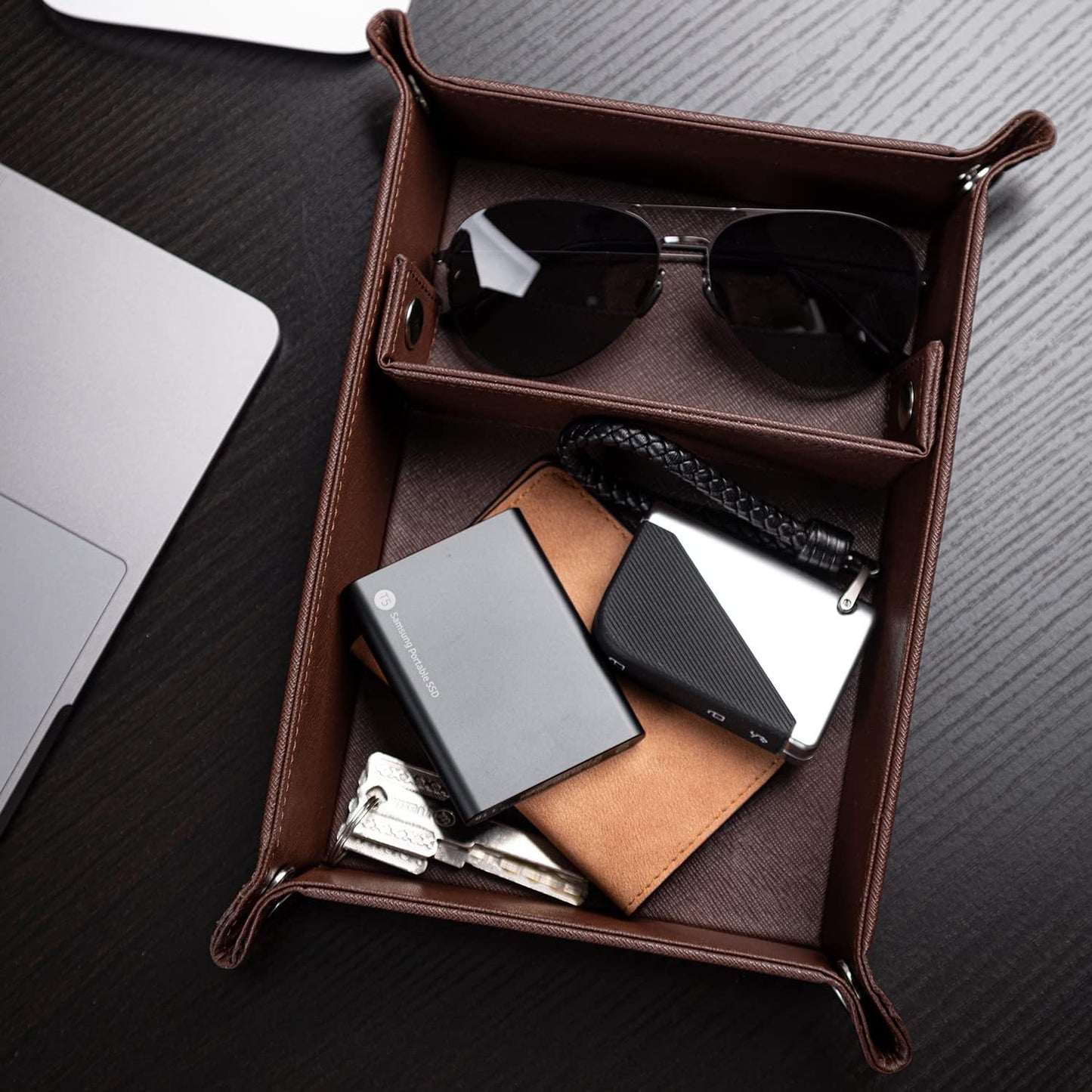 BONNY DODO Valet Tray for Men PU Leather Tray Organizer with Partition, Storage Keys, Watch & Practical Storage for Table Nightstand Living Room Bedroom (Dark Brown-Square)