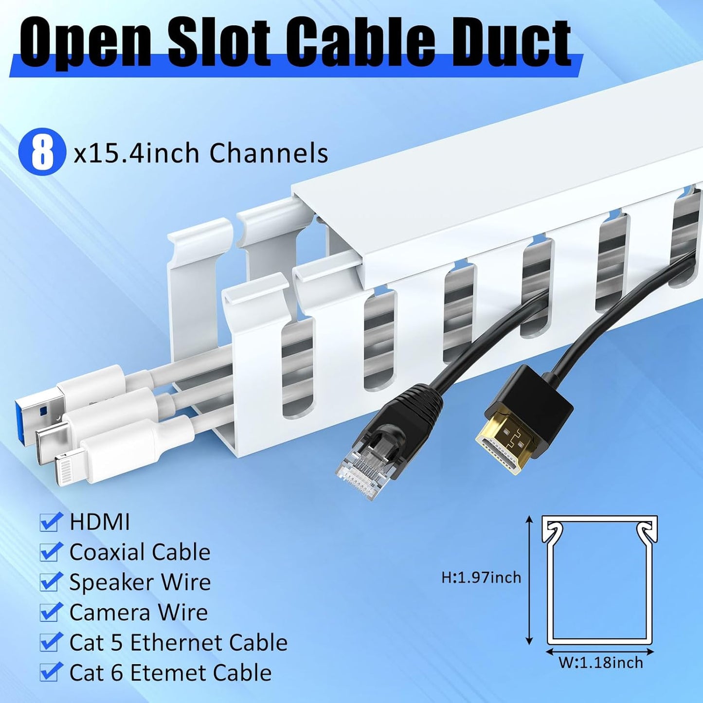 Open Slot Wiring Raceway Cable Duct, 123in Cable Management Channel Cord Track,Desk Wire Channel, Under Desk Cable Management to Hide Cables, Wires for Computers (Black, 1.57" Hx1.57"W, 15.4''L(8 Pc))