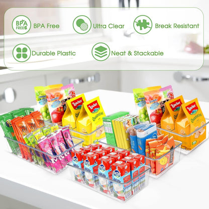 ZIZOTI Snack Organizer for Pantry Shelf, 6 Pack Clear Plastic Pantry Storage Bins with 3 Dividers for Snacks, Spices, Chips Food Organizer, Stackable Pantry Organizers for Kitchen, Fridge, Cabinet