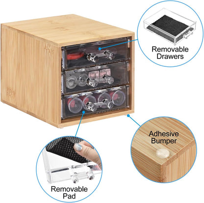 Ikee Design Bamboo Makeup Organizer, Desktop Drawer Organizer with Three Clear Acrylic Drawers, Office Desk Organizer for Lipsticks, Cosmetics, Jewelry, and Accessories for Vanity, Home