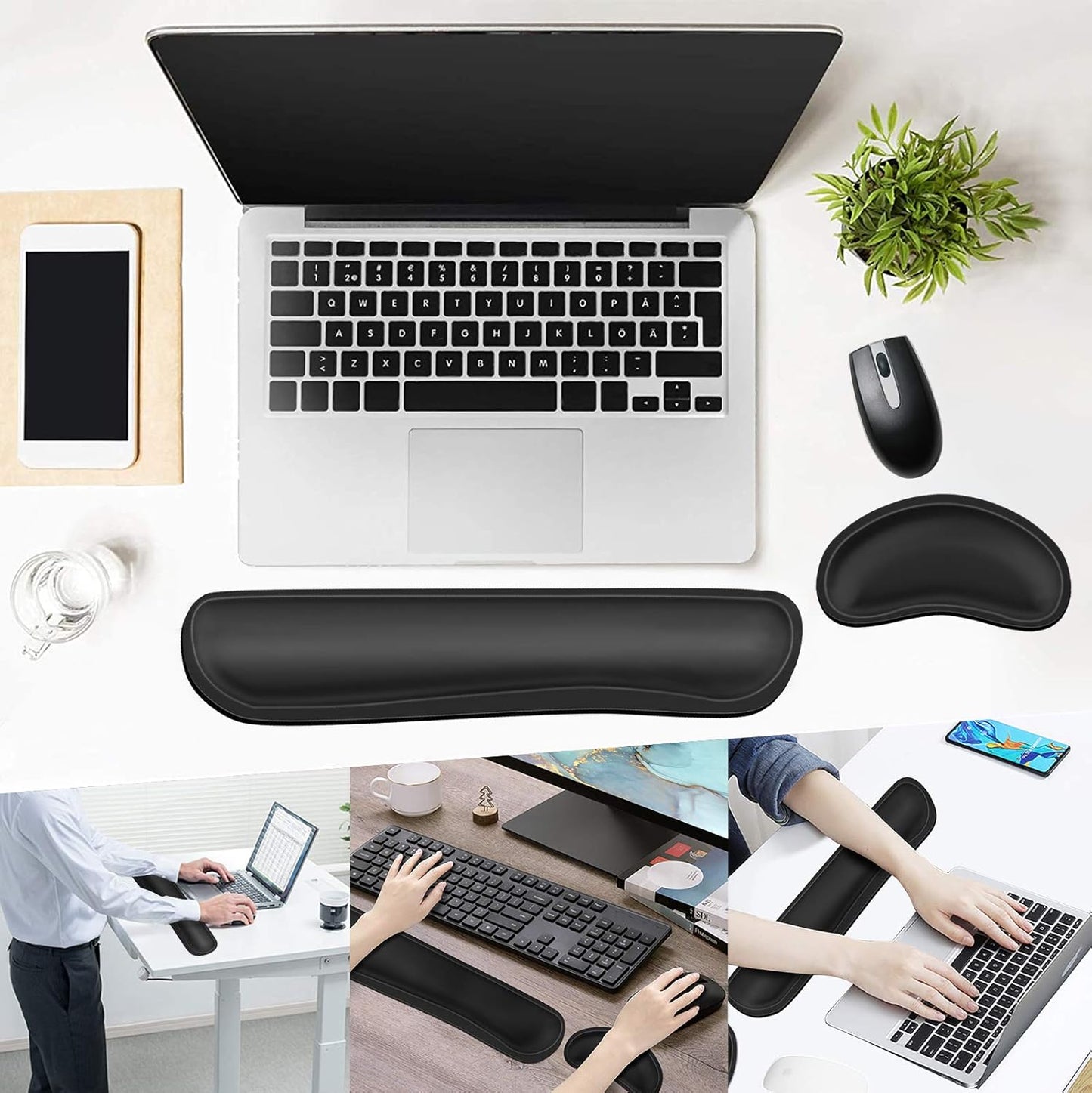 Dapesuom Keyboard Wrist Rest Set, Cute PU Leather Wrist Cushion for Computer Keyboard and Mousepad, Memory Foam Mouse Pad Rests Support with Non-Slip Base for Typing Pain Relief Laptop, Colonial White