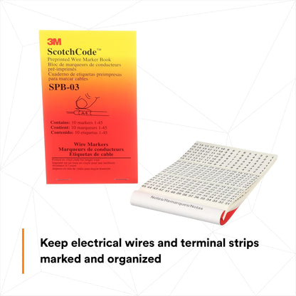 3M ScotchCode Pre-Printed Wire Marker Book SPB-03, Vinyl Coated, Black Printed Numbers (10) each 1–45, White Background Highlights Characters, 1 Book