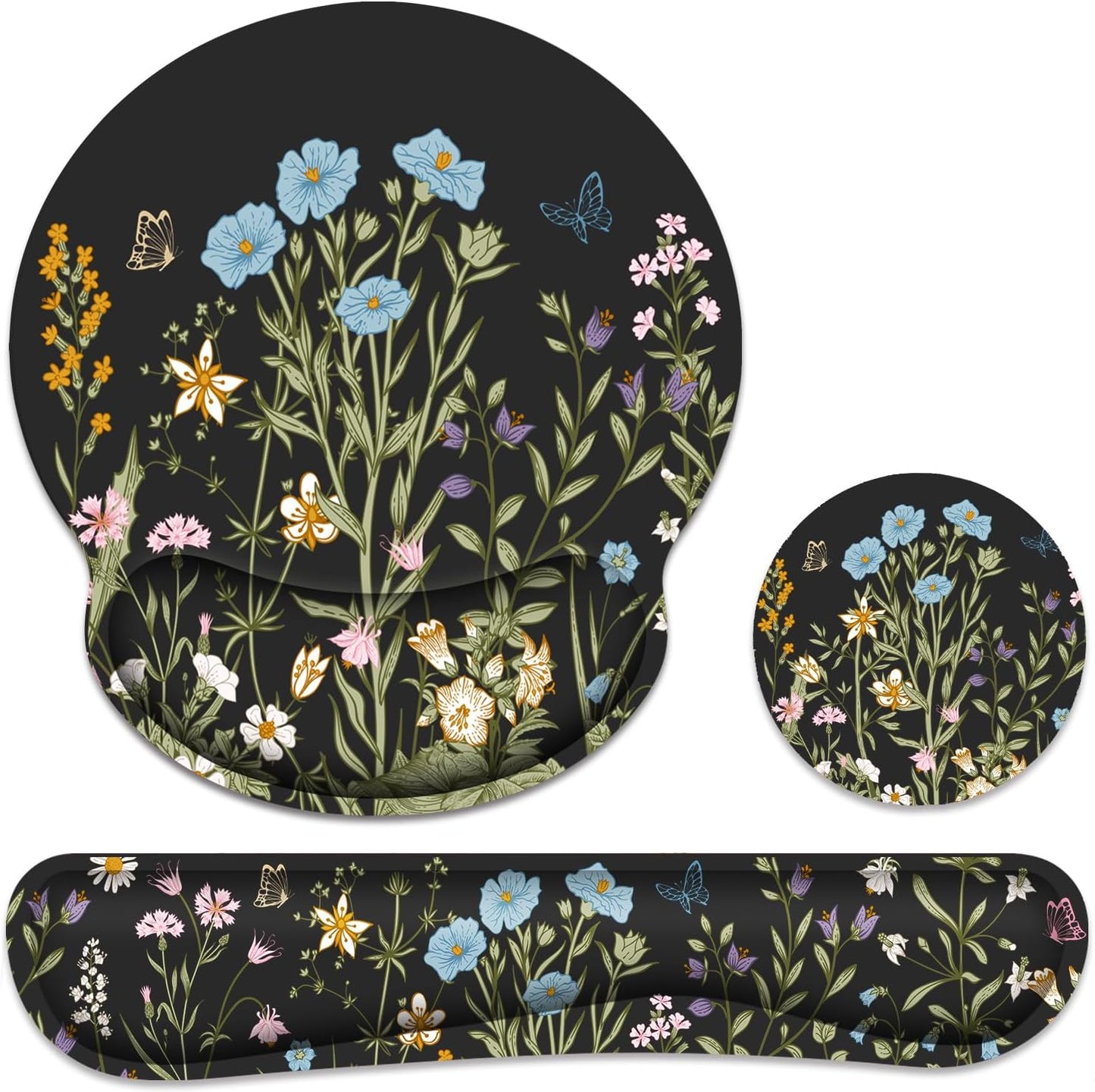 Ergonomic Mouse Pad with Wrist Rest and Keyboard Wrist Rest, Memory Foam Wrist Rest for Computer Keyboard, Easy Typing, Pain Relief, Mouse Pad Wrist Support for Gaming,Office, Laptop, Black Flower