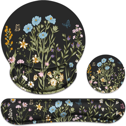 Ergonomic Mouse Pad with Wrist Rest and Keyboard Wrist Rest, Memory Foam Wrist Rest for Computer Keyboard, Easy Typing, Pain Relief, Mouse Pad Wrist Support for Gaming,Office, Laptop, Black Flower