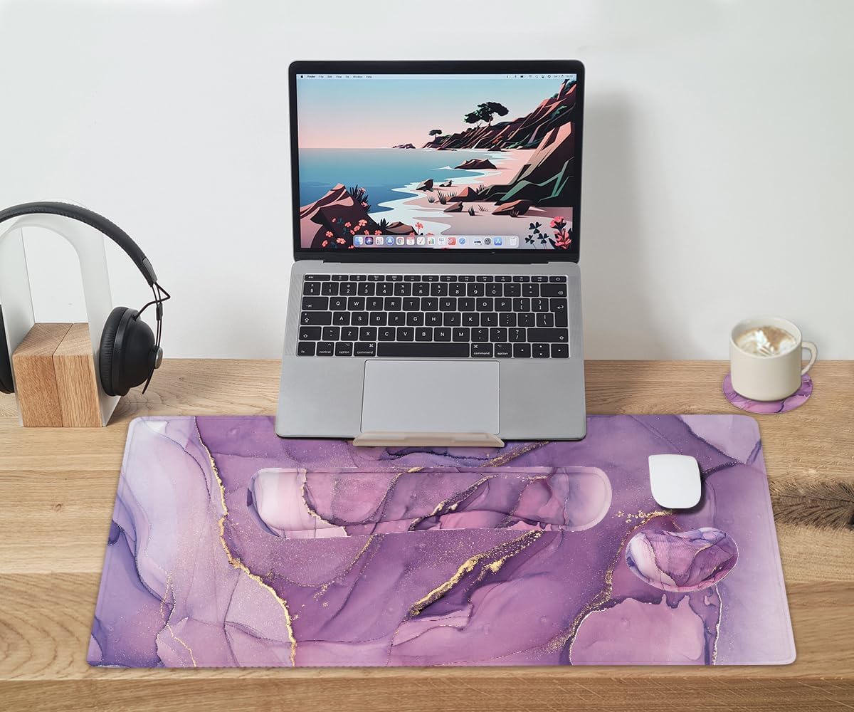 Large Mouse Pad and Keyboard Wrist Rest, Desk Pad for Keyboard and Mouse, 4-in-1 Large Gaming Mouse Pad with Wrist Support, Desk Mat for Home Office Study Game-Galaxy Fluid