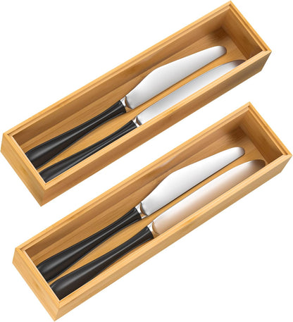 VeyFey Bamboo Drawer Organizer, Stackable Utensil Organizer for Kitchen, Bamboo Storage Box Wood Silverware Tray for Drawer 15" x 6" x 2" Set of 2