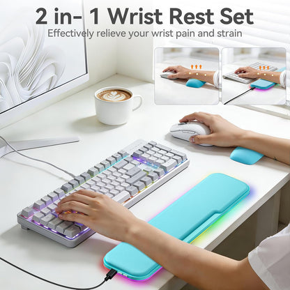 2-in-1 Heated Wrist Rest Set, Ergonomic Memory Wrist Pad with RGB Lights and Non-Slip Base, Keyboard Mouse Wrist Rest for Computer Laptop Office Work and PC Gaming