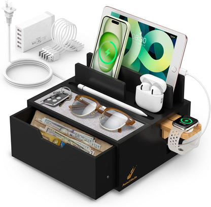 Pezin & Hulin Bamboo Charging Station for Multi Device, with Power Charger & Cables, Nightstand Docking Station with Lined Tray & Drawer, Compatible with Tablet, Cell Phones