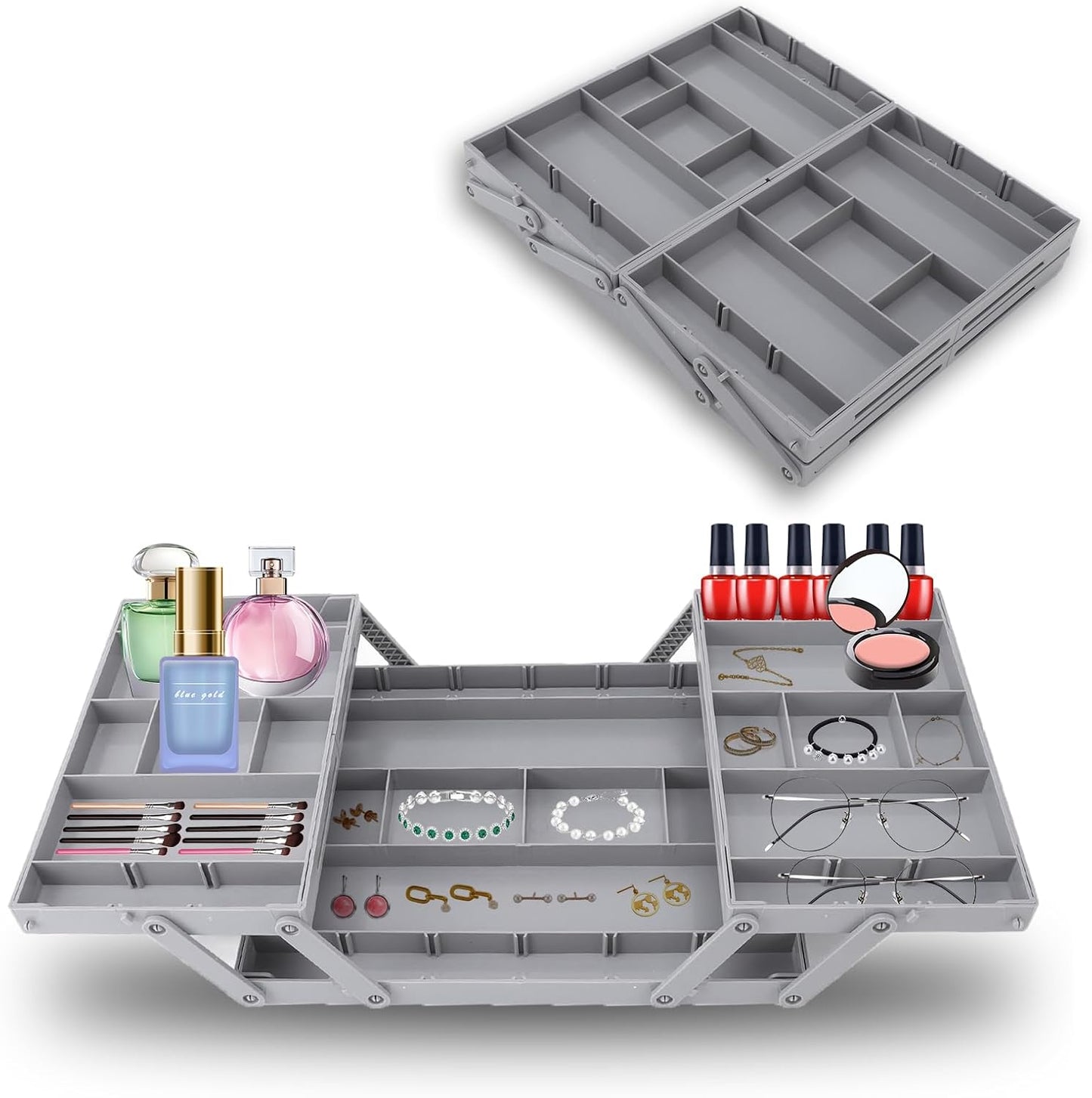 Pomya Multi Tier Drawer Organizer, Foldable Expandable Desk Storage Organizer Tray Bins with Compartments Storage Trays, Adjustable Double Row Organizer Trays for Make Up, Jewelry (2