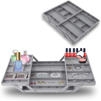 Pomya Multi Tier Drawer Organizer, Foldable Expandable Desk Storage Organizer Tray Bins with Compartments Storage Trays, Adjustable Double Row Organizer Trays for Make Up, Jewelry (2
