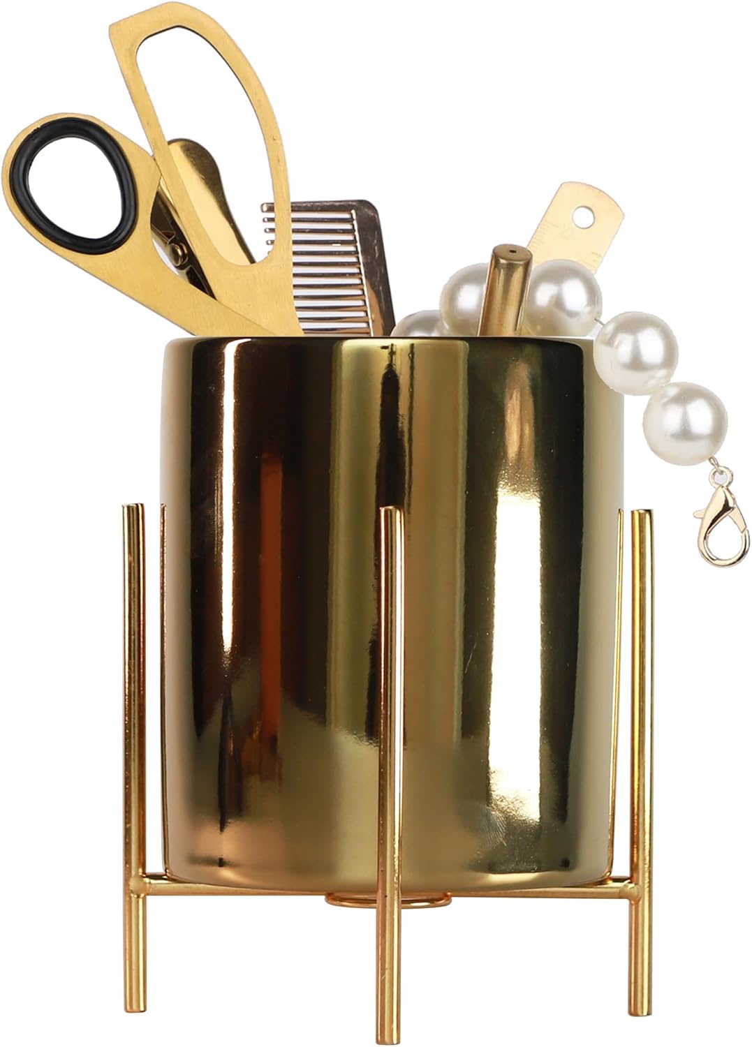 Sturdy Pen Holder Simple and elegant for Desk Matte Pencil Holder Ceramic Cute Desktop Organizer Brush Holder Cup (Black and Gold Plated)