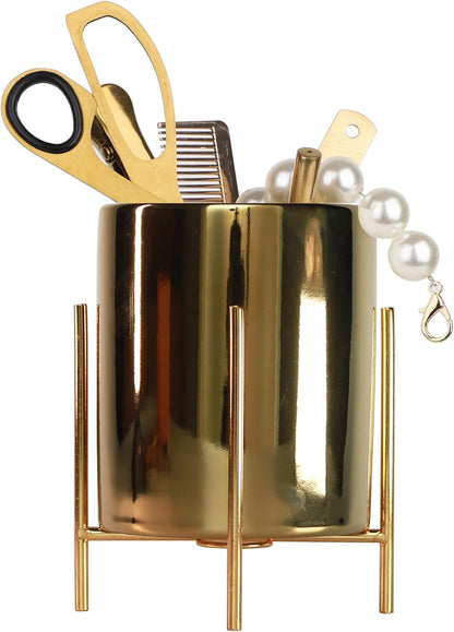 Sturdy Pen Holder Simple and elegant for Desk Matte Pencil Holder Ceramic Cute Desktop Organizer Brush Holder Cup (Black and Gold Plated)