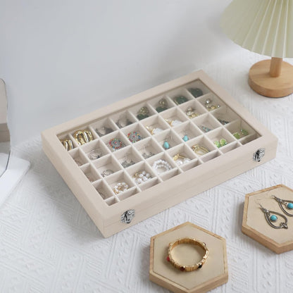 Stratalife Jewelry Organizer Bracelet Organizer Storage Box 12 Grid Stackable Jewelry Tray with Lid Velvet Jewelry Box for Drawer Necklace Bracelet Display Storage Organizer Box (Beige)