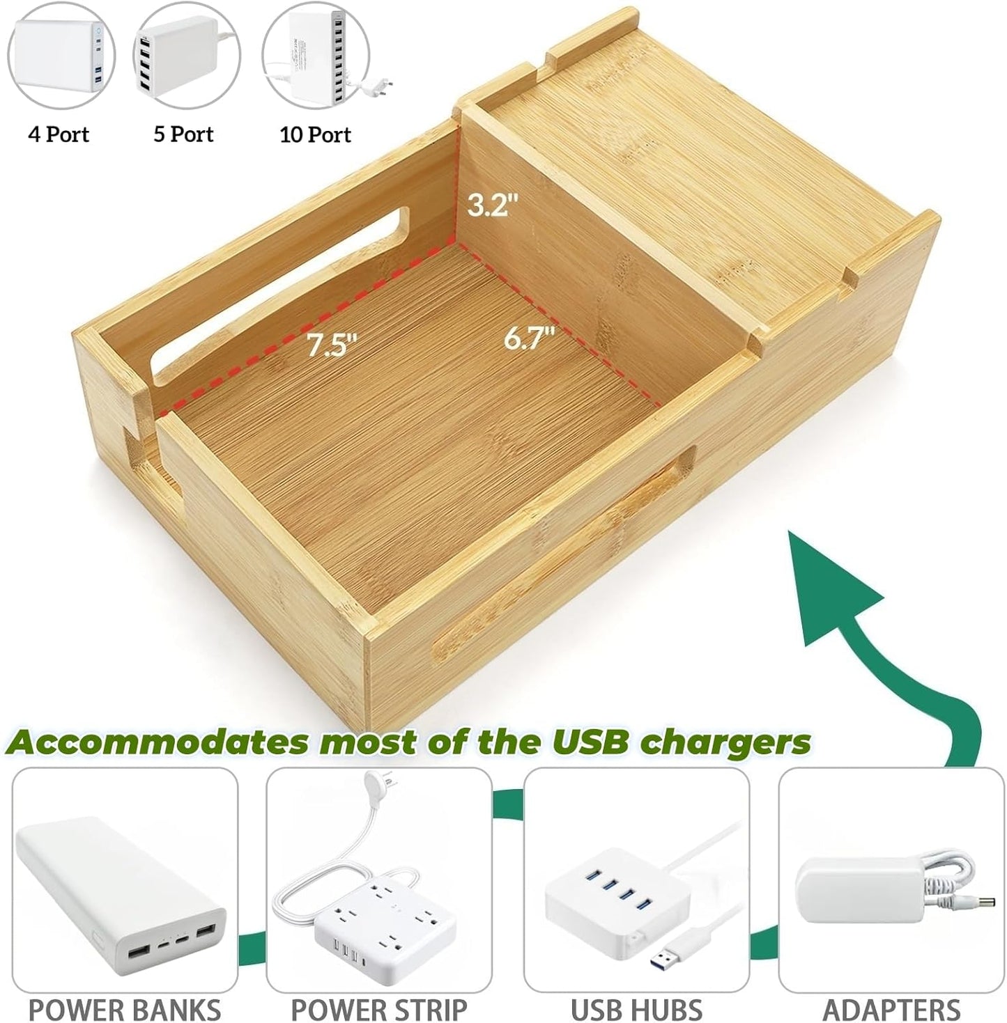 ZOOFOX Bamboo Charging Station for Multiple Devices, Desk Docking Station with Removable Divider Slots and Drawer, Bedside Charging Station Compatible with Smartphone, Tablet, Laptop, Earphone