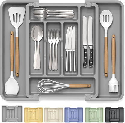 Caperci Large Silverware Organizer for Kitchen Drawer & Utensils - Expandable Drawer Organizer for Cutlery, Flatware & Gadget, BPA-Free Thick Plastic, Wider Compartments & Non-skid Feet (Tofu)