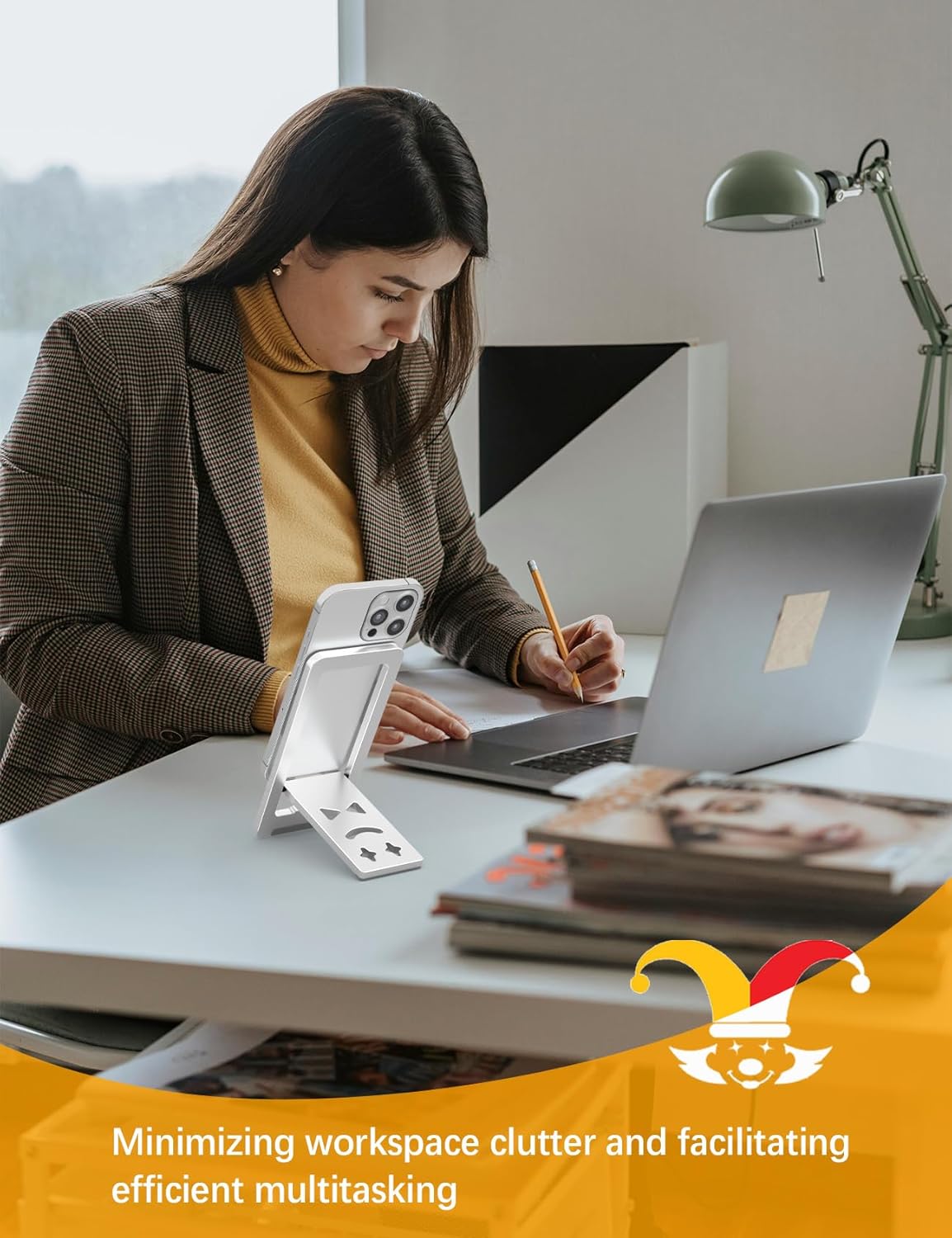 Aoviho Phone Stand for Desk, Ultra-Thin Foldable Aluminum Phone Holder, Portable Travel & Office Cell Phone Stand Compatible with iPhone 17 16 15 14 13 12 Pro Max, Fits 3.7"-7" Devices, Black