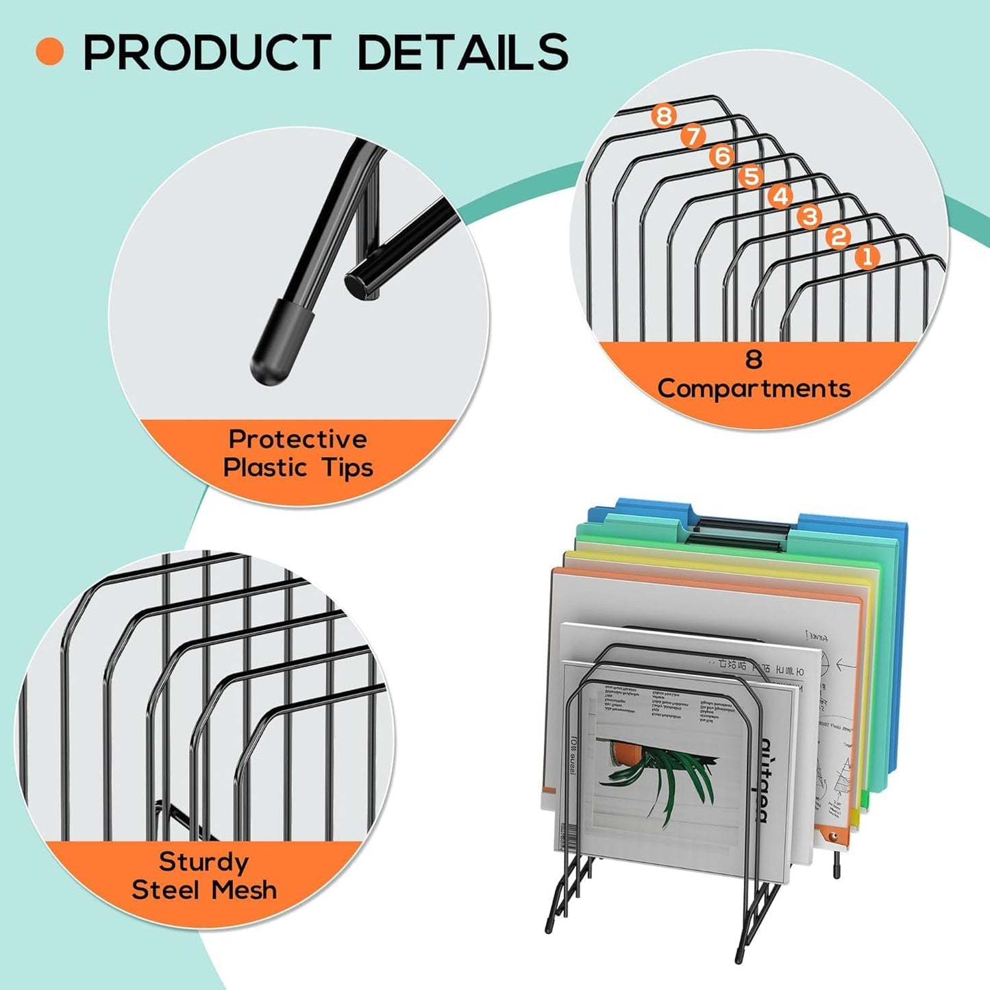 MINDEPOT Incline Sorter Desk File Organizer, Metal Desk Magazine Folder Holder with 8-Section Vertical Compartments Rack File Organizer for Office, Home, School