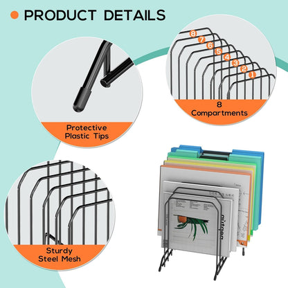 MINDEPOT Incline Sorter Desk File Organizer, Metal Desk Magazine Folder Holder with 8-Section Vertical Compartments Rack File Organizer for Office, Home, School