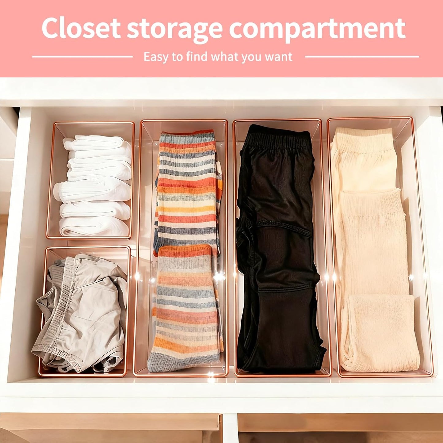 4 Pack Large Size Clear Stackable Drawer Organizer Trays, Gold Rim Makeup Drawer Storage Tray Divider, Desk Storage for Makeup, Jewelry, Bathroom, Stationary, Kitchen Utensils and Office Desk