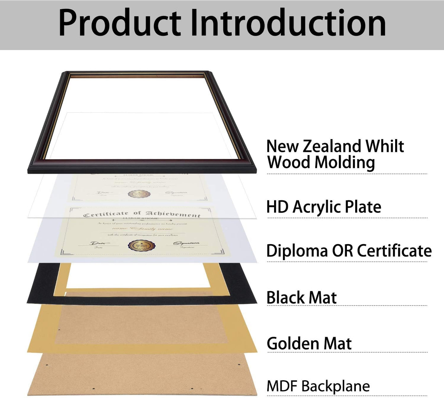 ELSKER&HOME Diploma Frame - Wide Solid Wood Frame - Black Velvet Golden Rim Mat - Semi-Tempered Glass - Includes Hanging Hardware and Desktop Easel(ONLY Display 11×14 Document/Certificate)