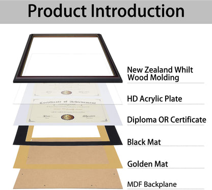 ELSKER&HOME Diploma Frame - Wide Solid Wood Frame - Black Velvet Golden Rim Mat - Semi-Tempered Glass - Includes Hanging Hardware and Desktop Easel(ONLY Display 11×14 Document/Certificate)