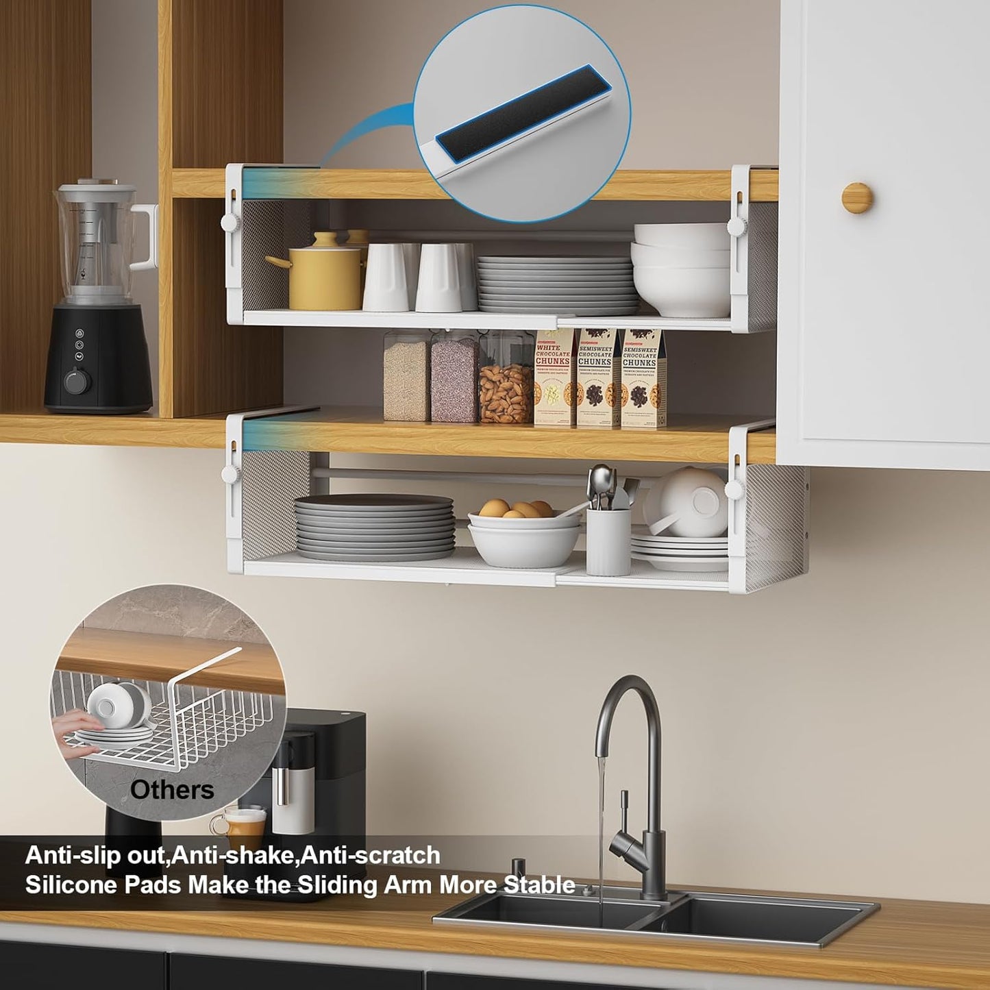 AmonHouseware 2Pack Under Shelf Basket, Adjustable Hanging Under Cabinet Shelf Storage, Hanging Holder Length Stretchable 14.9-22.6Inch for Kitchen Pantry Desk Counter Bookshelf Cupboard (Black)