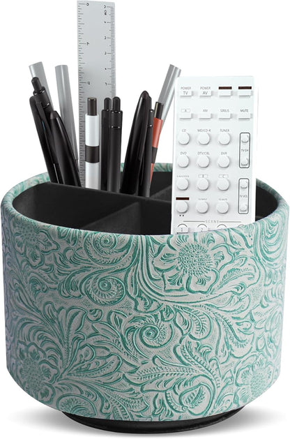 lizimandu Round Leather Art Supply Organizer,Remote Control Holder,360 Degree Spinning,Multi-Functional Pencil Holder,4 Compartments Desktop Stationary Organizer(1-Gold) - Colors B