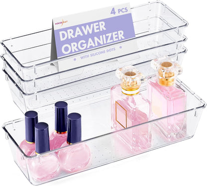 HOUSE DAY Makeup Drawer Organizer Trays 24 PCS, 4-Size Clear Drawer Organizers with Silicone Pads, Vanity Organizers and Storage, Non Slip Plastic Drawer Organizer for Desk, Bathroom, Kitchen, Office