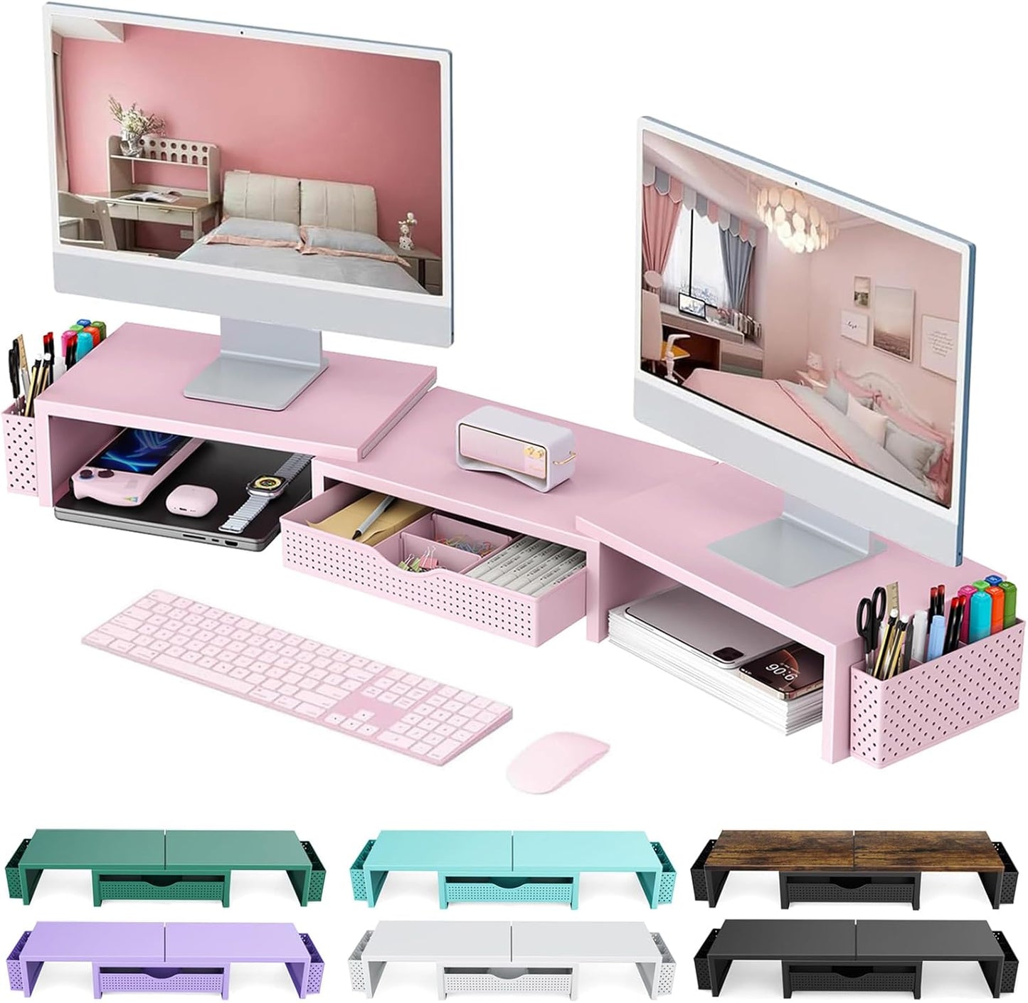 gianotter Dual Monitor Stand Riser, Desk Organizer With Drawer and 2 Pen Holders, Computer Monitor Stand, Shelf for Top of Desk, Black