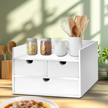 Charmewooden Bamboo Desk Organizer 3 Drawer with Shelf, Countertop Organizer with Drawers Makeup Storage Drawer 3 Drawers Tabletop Storage Organization Box Home Office Workspace（White）