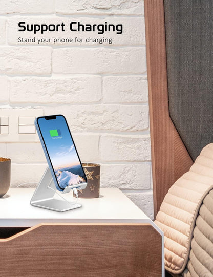 Desktop Cell Phone Stand Holder, Aluminum Solid Portable Universal Desk Stand for iPhone 16 15 14 13 12 11 X 8 7 6 Plus 5 Ipad 2 3 4 Mini Samsung Huawei All Mobile Smart Phone, Silver
