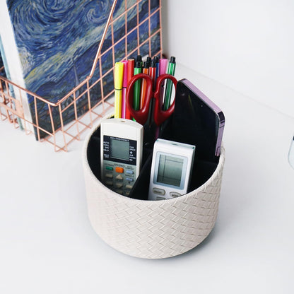 Hennaja Round Leather Art Supply Organizer,Remote Control Holder,360 Degree Rotating,Multi-Functional Pencil Holder,4 Compartments Desktop Stationary Organizer(1-Blue Bird) - Colors A