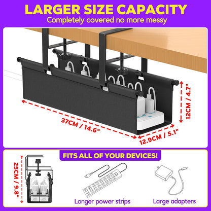 Under Desk Cable Management Tray, REFLYING 14.6" Cable Management Under Desk No Drill,Adjustable Clamp Cord Wire Organizer, Cord Hider for Standing Table, Wire Hider for Office,Home (Small)