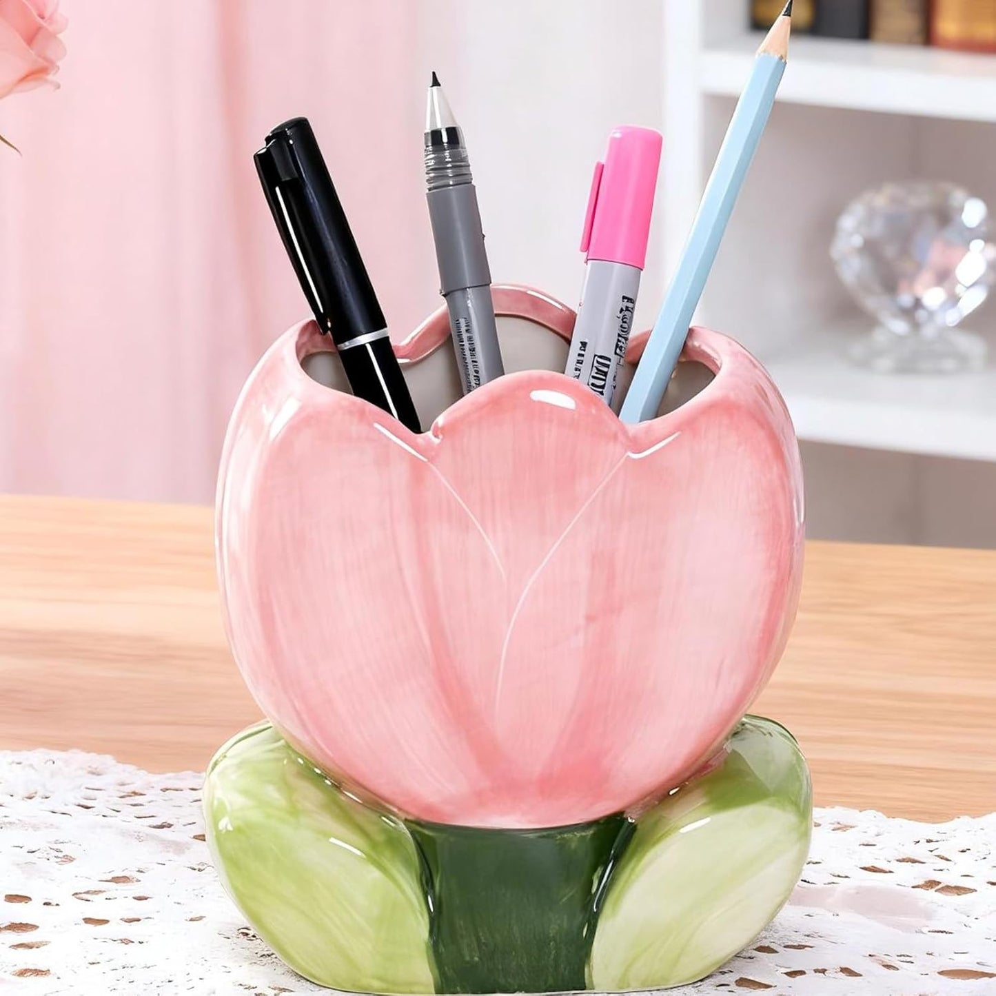 Pen Holder for Desk Cute Toothbrush Holder Tulips Vase Decor Aesthetic Pencil Holder for Office Makeup Brush Holder Yellow Kawaii Desk Accessories Home Decor Birthday Gifts for Women
