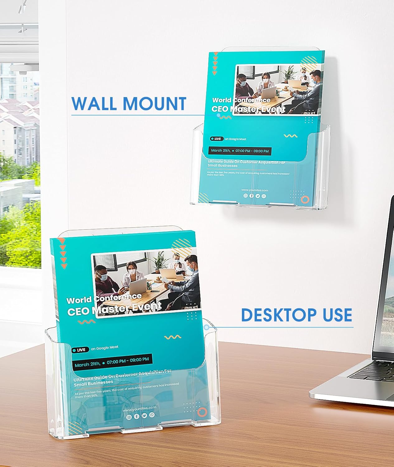 KTRIO Acrylic Brochure Holder 8.5 x 11 Clear Literature Display Stand, Plastic Flyer Holder for Trifold Brochures, Menus, Magazines, Pamphlets, Documents, Desk or Wall Mount, 2 Pack