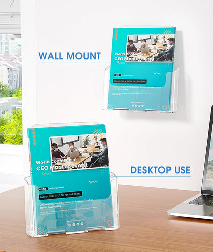 KTRIO Acrylic Brochure Holder 8.5 x 11 Clear Literature Display Stand, Plastic Flyer Holder for Trifold Brochures, Menus, Magazines, Pamphlets, Documents, Desk or Wall Mount, 2 Pack